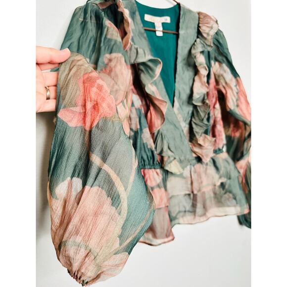 HUTCH Green Floral Chiffon Long Sleeves V-Neck Ruffle Trimmed Sema Top Size S - Picture 8 of 12